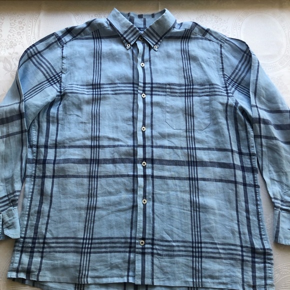 Southern Tide Blue Plaid Button-Down Shirt Trim-Fit Men’s Size L 100% Linen Top - Picture 16 of 16